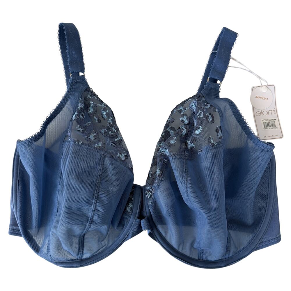 Elomi Namrah Bandless Plunge Underwire Sheer Blue Mesh Bra 40H EU/40K US NEW
